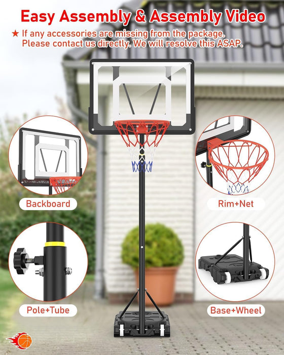Portable Basketball Hoop for Outdoor and Indoor Use: 6 Adjustable Heights from 7.5 to 10FT for Kids, Teenagers, and Adults – Shatterproof Backboard, Stable Stand with Wheels, Ideal for Backyard