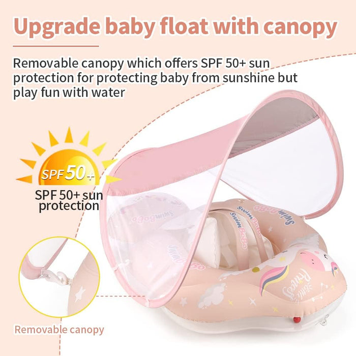 GT-WHEEL Baby Swimming Floater Inflatable Baby Pool Float Ring with Sun Protection Canopy and Safety Tail